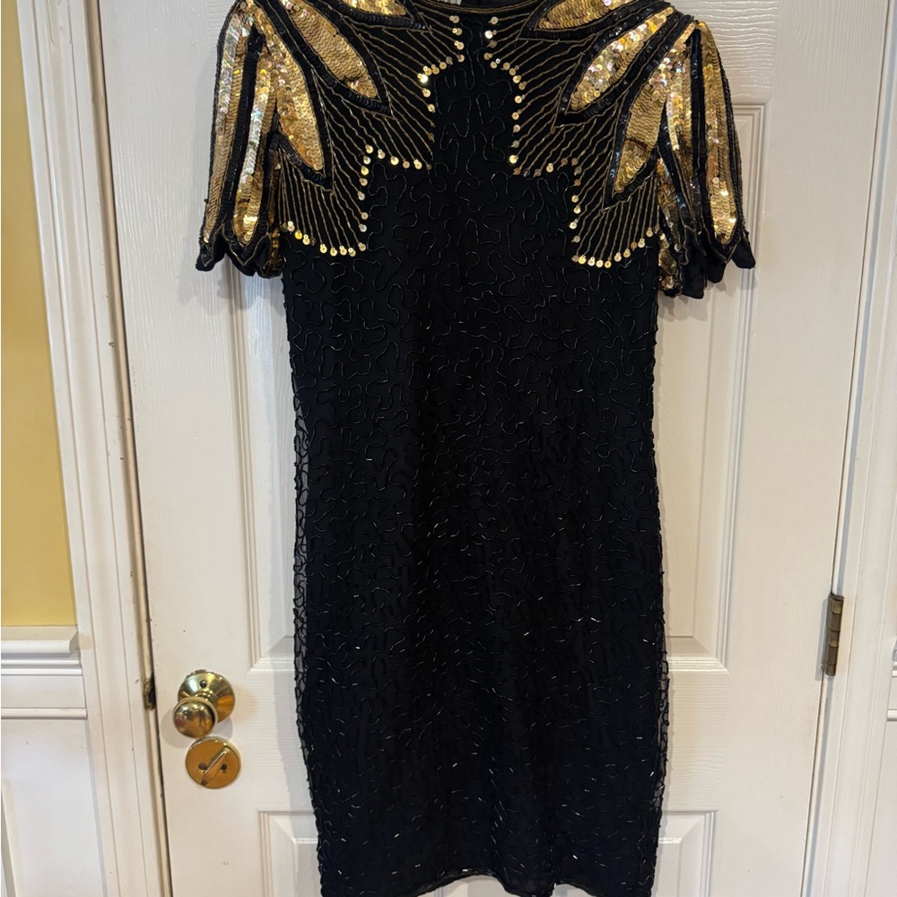 Vintage Sténay Beaded Elegant Black and Gold Sequin Dress